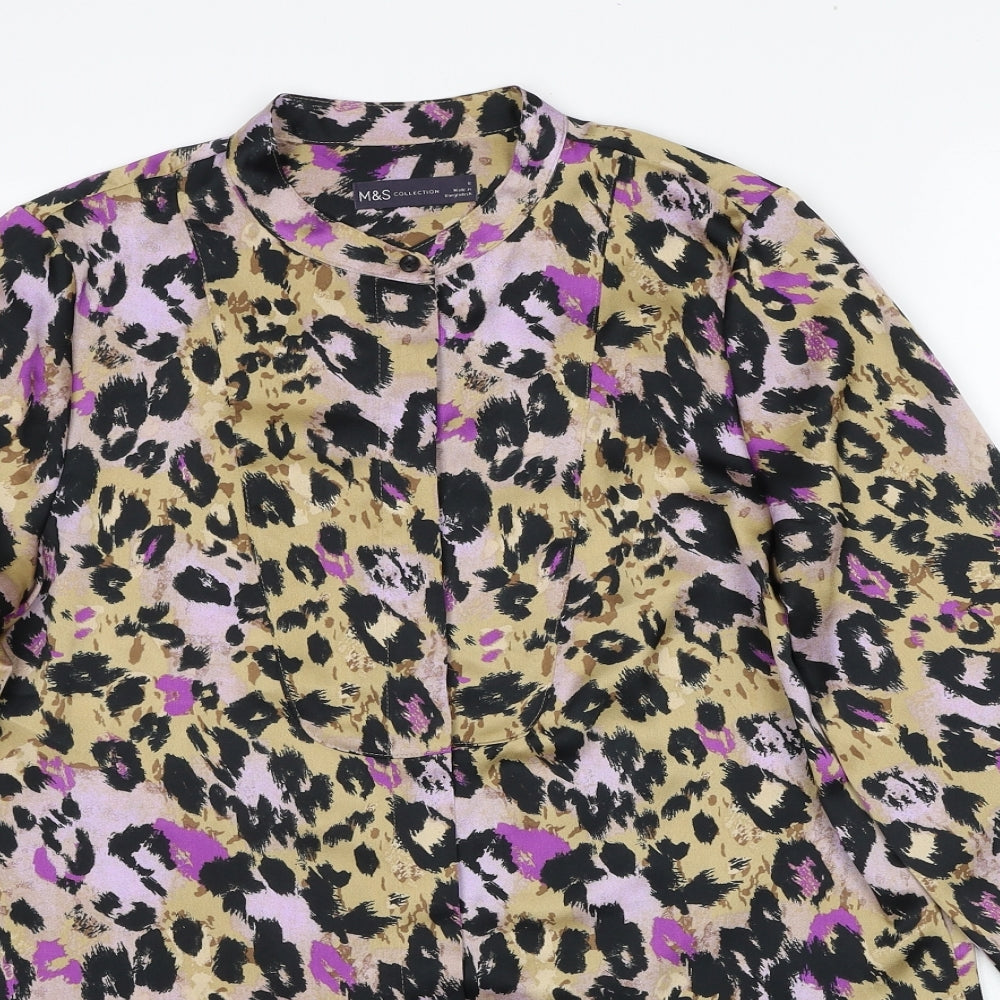 Marks and Spencer Womens Multicoloured Animal Print Polyester Basic Button-Up Size 8 Round Neck - Leopard Print
