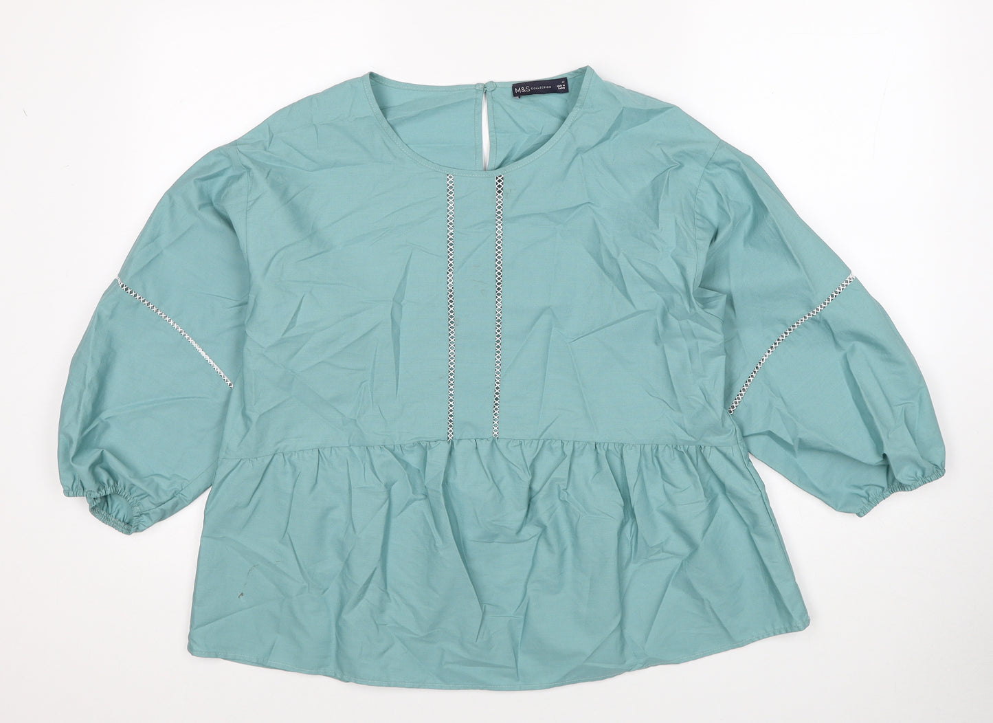 Marks and Spencer Womens Blue Cotton Basic Blouse Size 12 Boat Neck