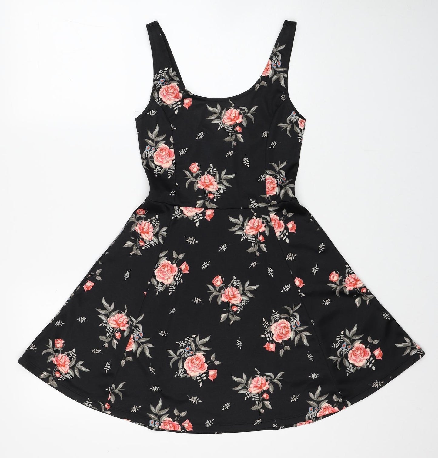 H&M Womens Black Floral Polyester Skater Dress Size 8 Scoop Neck Pullover