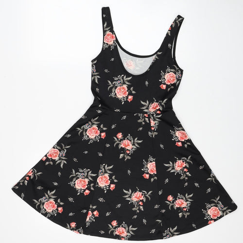 H&M Womens Black Floral Polyester Skater Dress Size 8 Scoop Neck Pullover