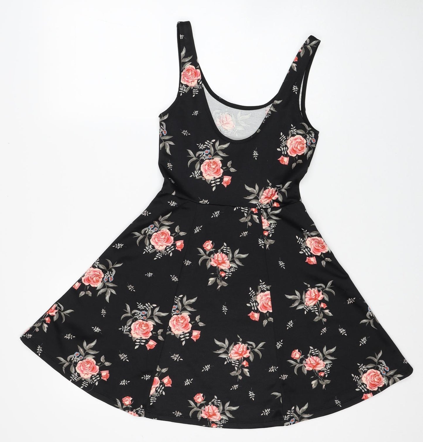 H&M Womens Black Floral Polyester Skater Dress Size 8 Scoop Neck Pullover