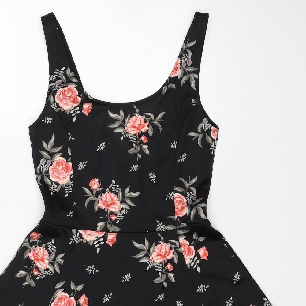 H&M Womens Black Floral Polyester Skater Dress Size 8 Scoop Neck Pullover