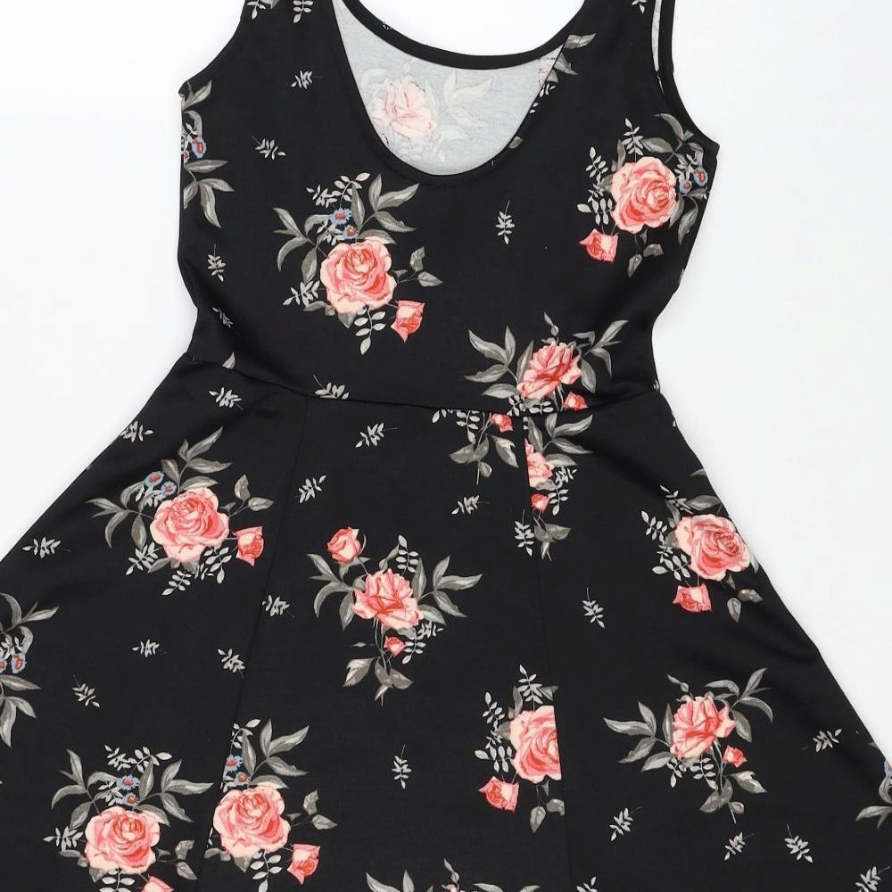 H&M Womens Black Floral Polyester Skater Dress Size 8 Scoop Neck Pullover