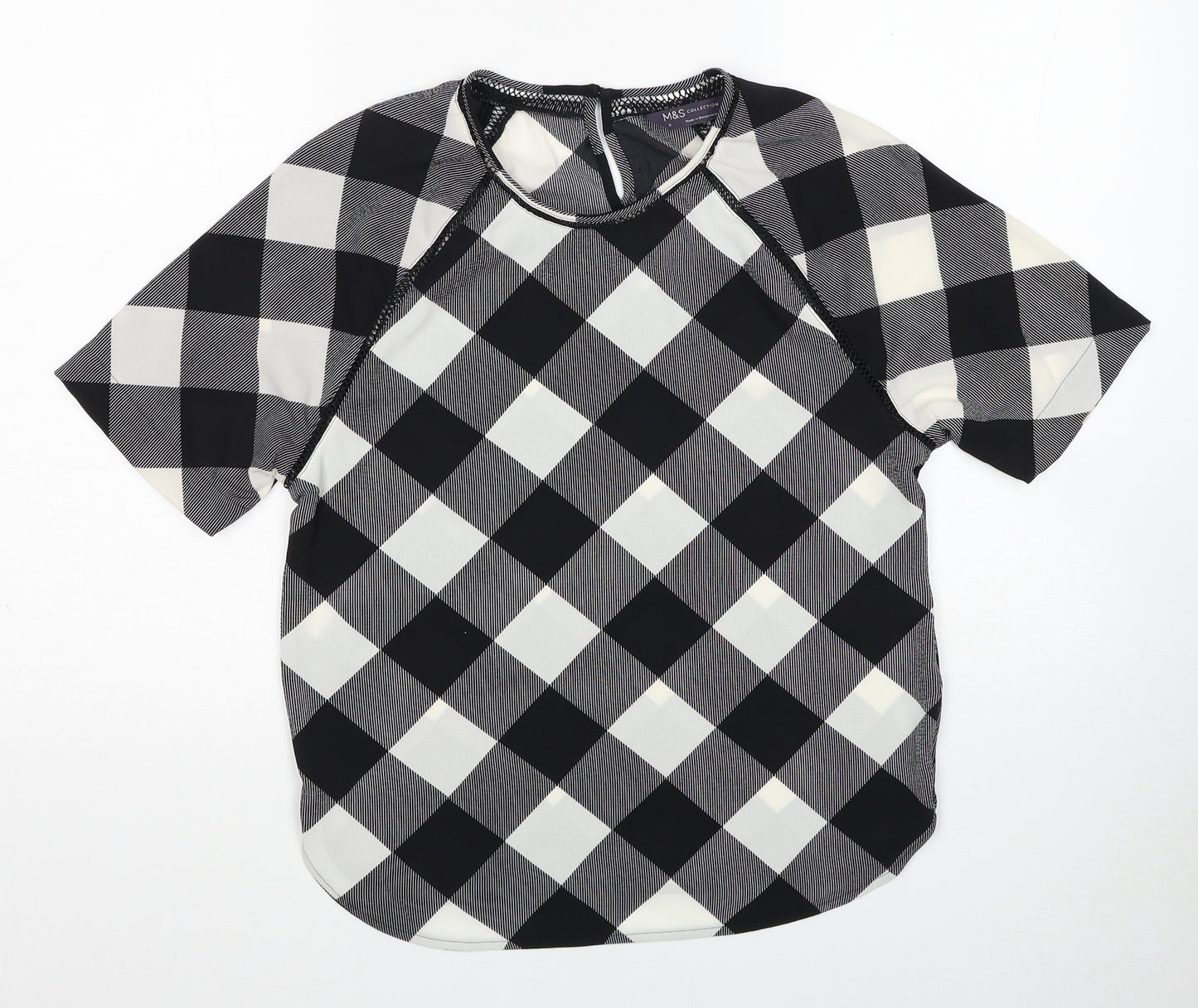 Marks and Spencer Womens Black Geometric Polyester Basic Blouse Size 6 Round Neck