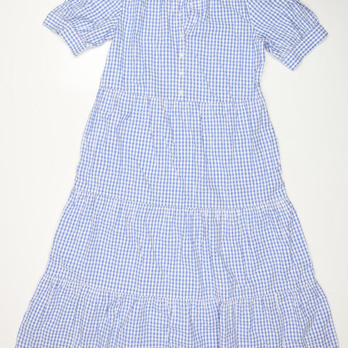 Marks and Spencer Womens Blue Check Cotton A-Line Size 14 V-Neck Button - Tiered