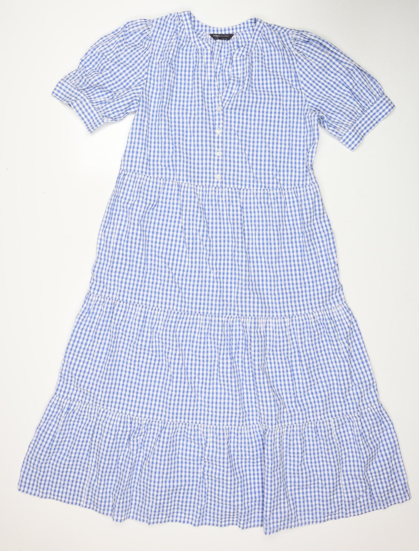 Marks and Spencer Womens Blue Check Cotton A-Line Size 14 V-Neck Button - Tiered