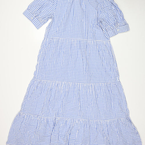 Marks and Spencer Womens Blue Check Cotton A-Line Size 14 V-Neck Button - Tiered
