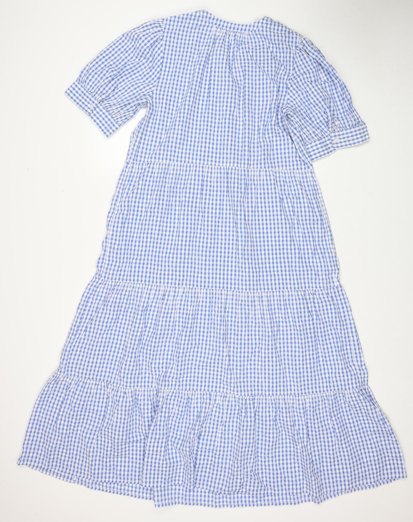 Marks and Spencer Womens Blue Check Cotton A-Line Size 14 V-Neck Button - Tiered