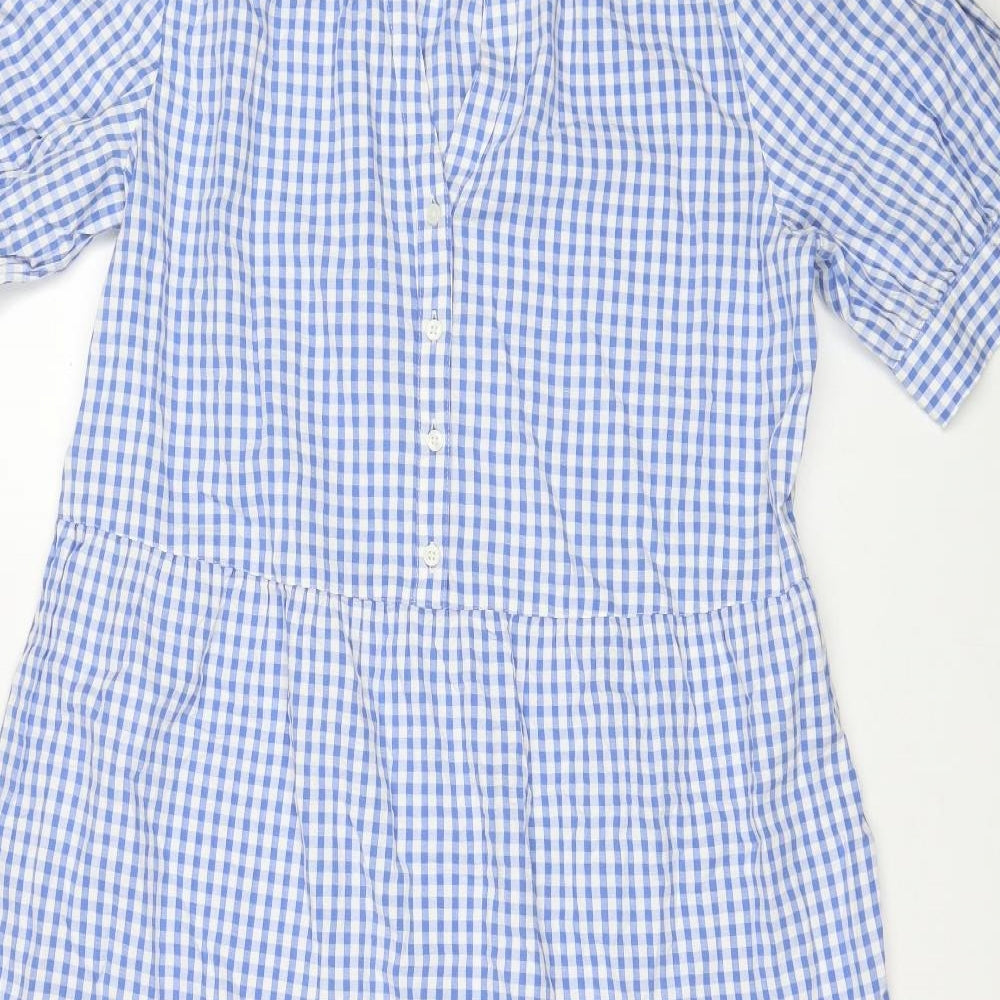 Marks and Spencer Womens Blue Check Cotton A-Line Size 14 V-Neck Button - Tiered