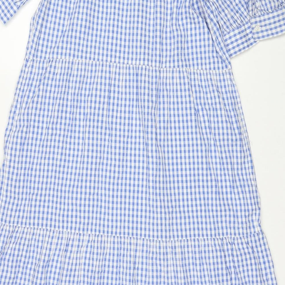 Marks and Spencer Womens Blue Check Cotton A-Line Size 14 V-Neck Button - Tiered
