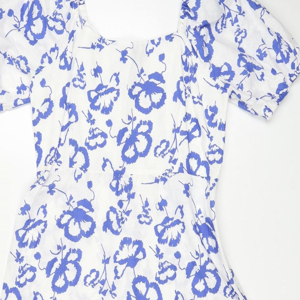 Marks and Spencer Womens White Floral Cotton A-Line Size 14 Scoop Neck Pullover