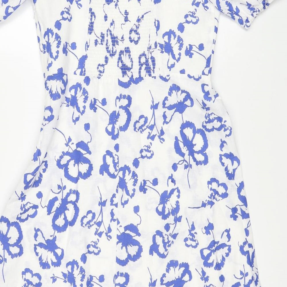 Marks and Spencer Womens White Floral Cotton A-Line Size 14 Scoop Neck Pullover