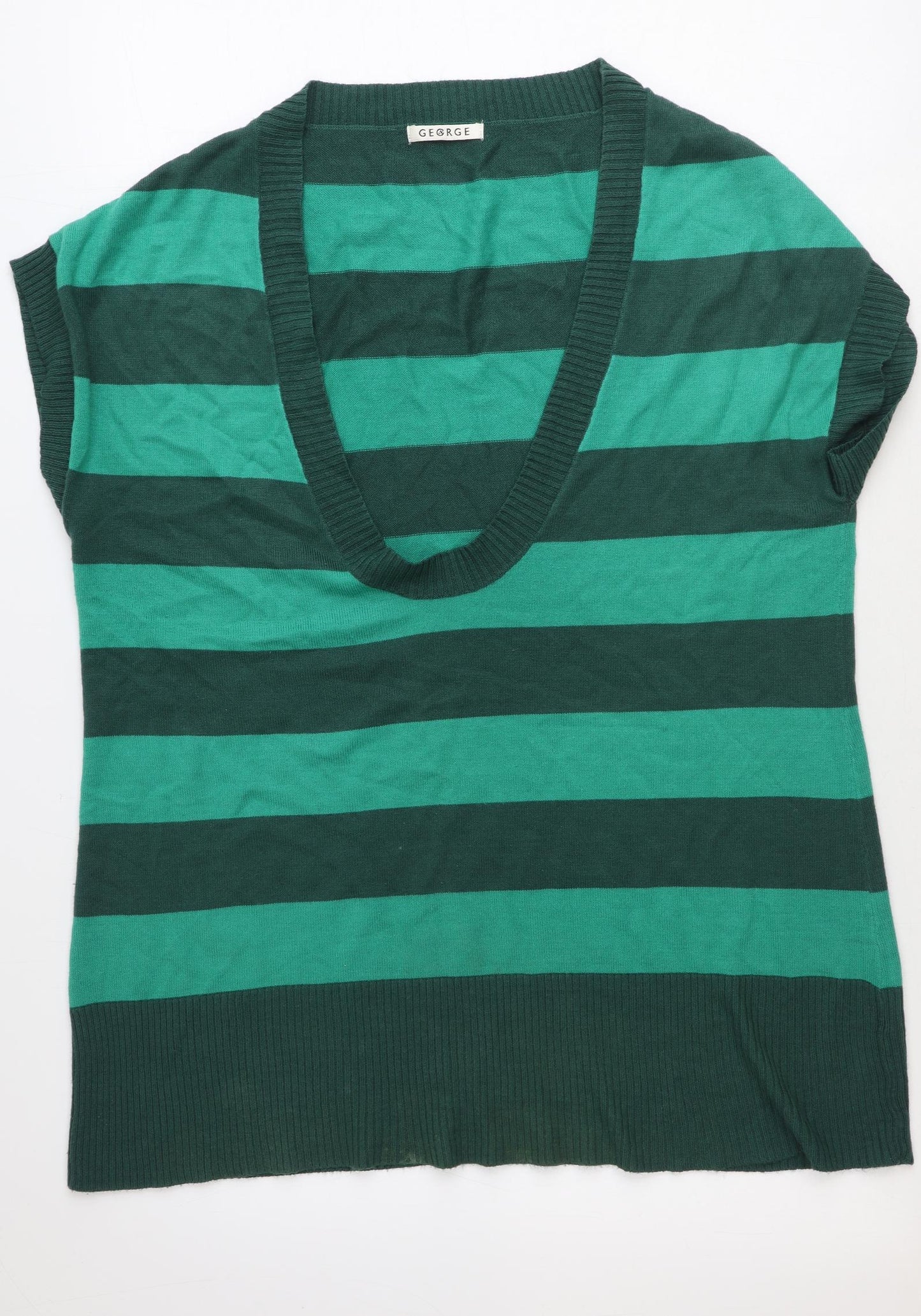 George Womens Green Scoop Neck Striped Acrylic Pullover Jumper Size 18