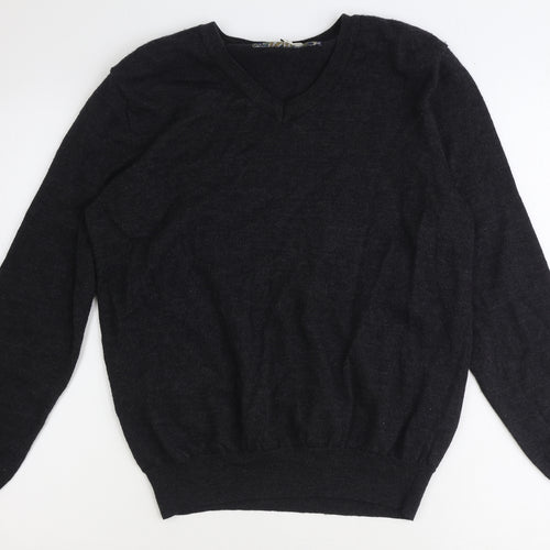 River Island Mens Black Round Neck Acrylic Pullover Jumper Size L Long Sleeve - Elbow Patches