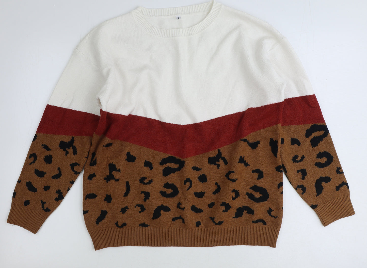 Preworn Womens White Round Neck Animal Print Cotton Pullover Jumper Size L