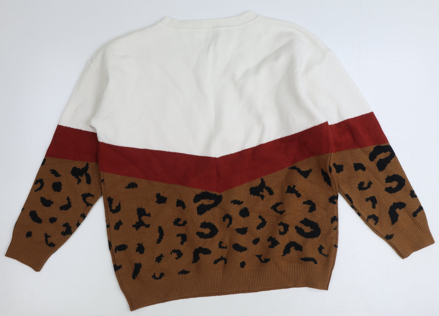 Preworn Womens White Round Neck Animal Print Cotton Pullover Jumper Size L