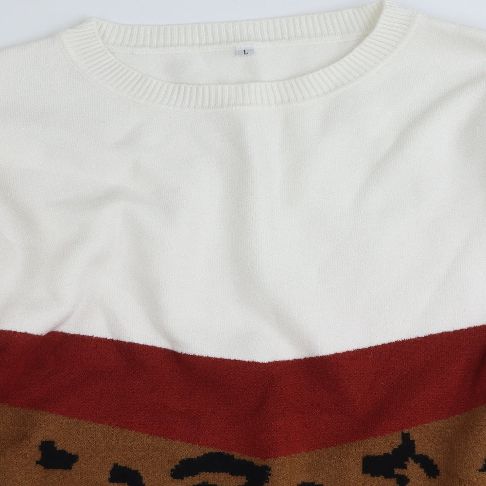 Preworn Womens White Round Neck Animal Print Cotton Pullover Jumper Size L