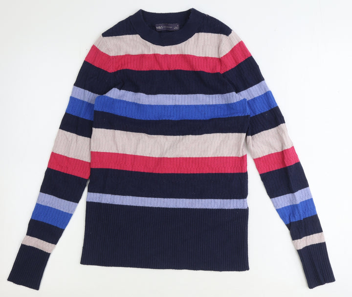 Marks and Spencer Womens Blue Round Neck Striped Viscose Pullover Jumper Size 10