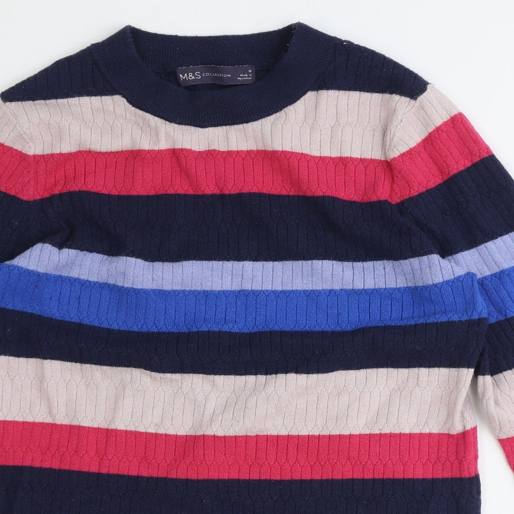 Marks and Spencer Womens Blue Round Neck Striped Viscose Pullover Jumper Size 10