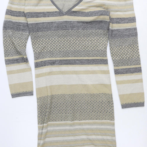 Patrizia Pepe Womens Beige Striped Viscose Jumper Dress Size 6 V-Neck Pullover