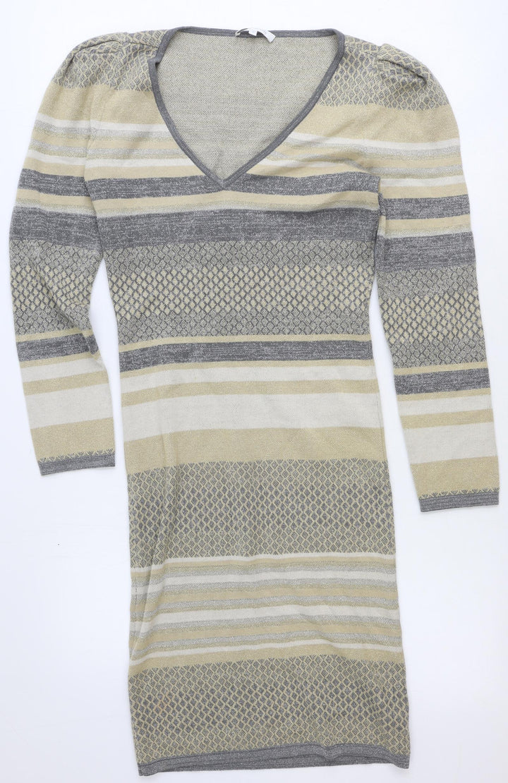 Patrizia Pepe Womens Beige Striped Viscose Jumper Dress Size 6 V-Neck Pullover