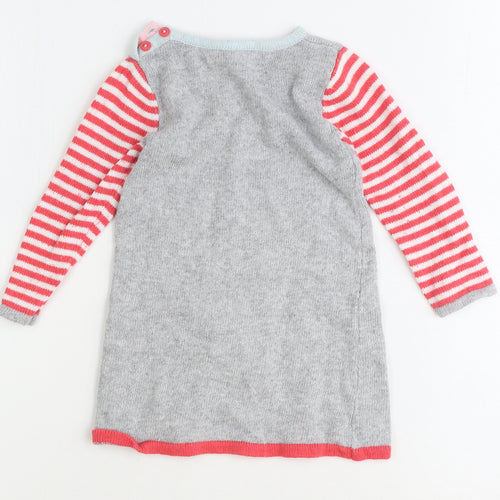 Baby Boden Girls Grey Striped Cotton Jumper Dress Size 2 Years Round Neck Button - Bird