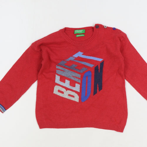 Benneton Boys Red Cotton Pullover Jumper Size 12-18 Months Button