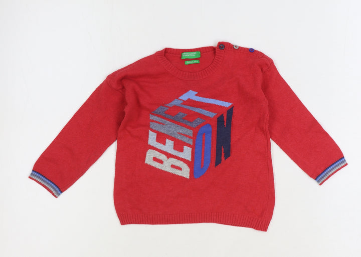 Benneton Boys Red Cotton Pullover Jumper Size 12-18 Months Button