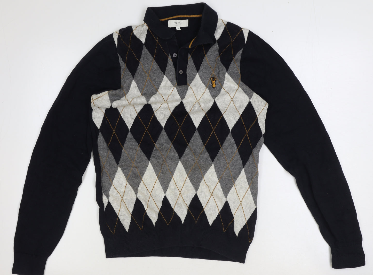 NEXT Mens Black Collared Argyle/Diamond Cotton Pullover Jumper Size S Long Sleeve