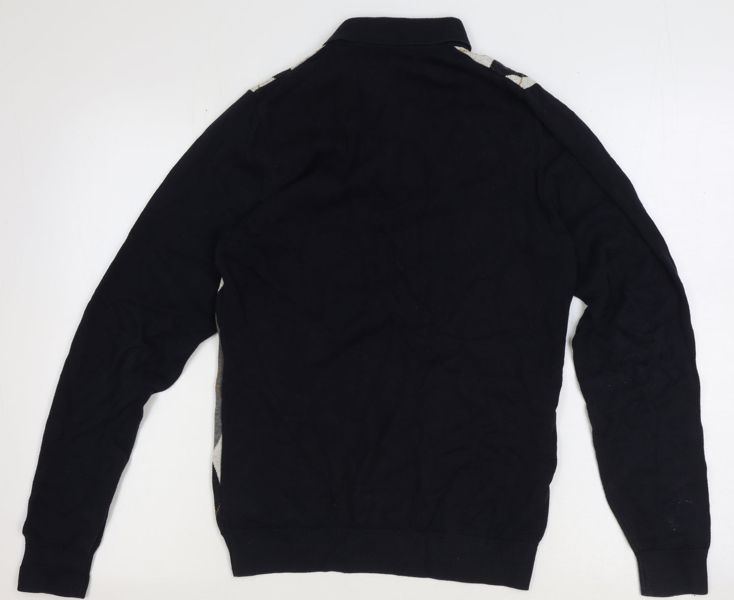 NEXT Mens Black Collared Argyle/Diamond Cotton Pullover Jumper Size S Long Sleeve