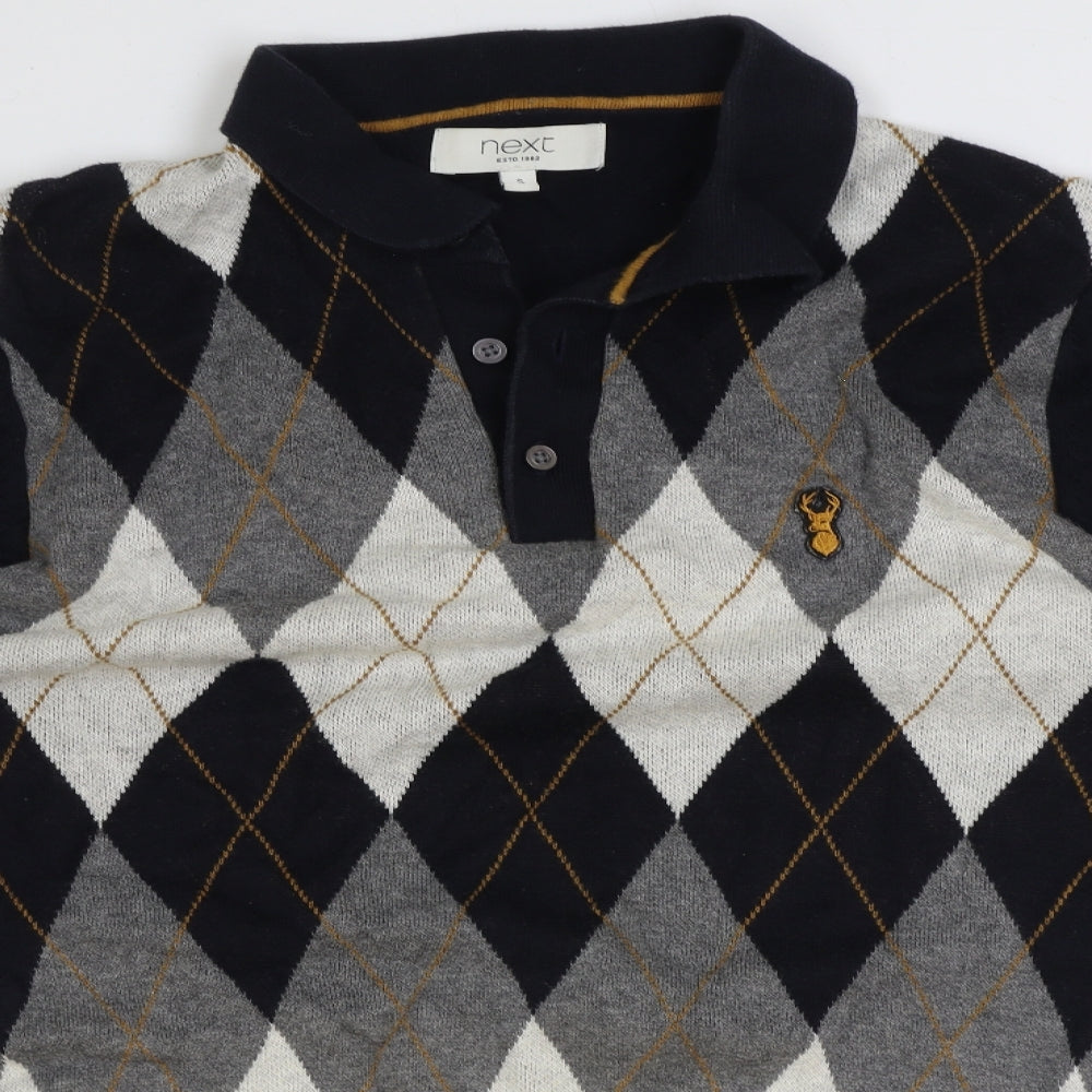 NEXT Mens Black Collared Argyle/Diamond Cotton Pullover Jumper Size S Long Sleeve