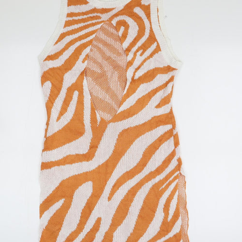 Preworn Womens Orange Animal Print Viscose Tank Dress Size M Boat Neck Pullover - Zebra Print