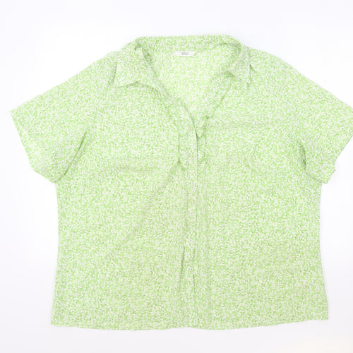 Marks and Spencer Womens Green Geometric Polyester Basic Button-Up Size 22 V-Neck