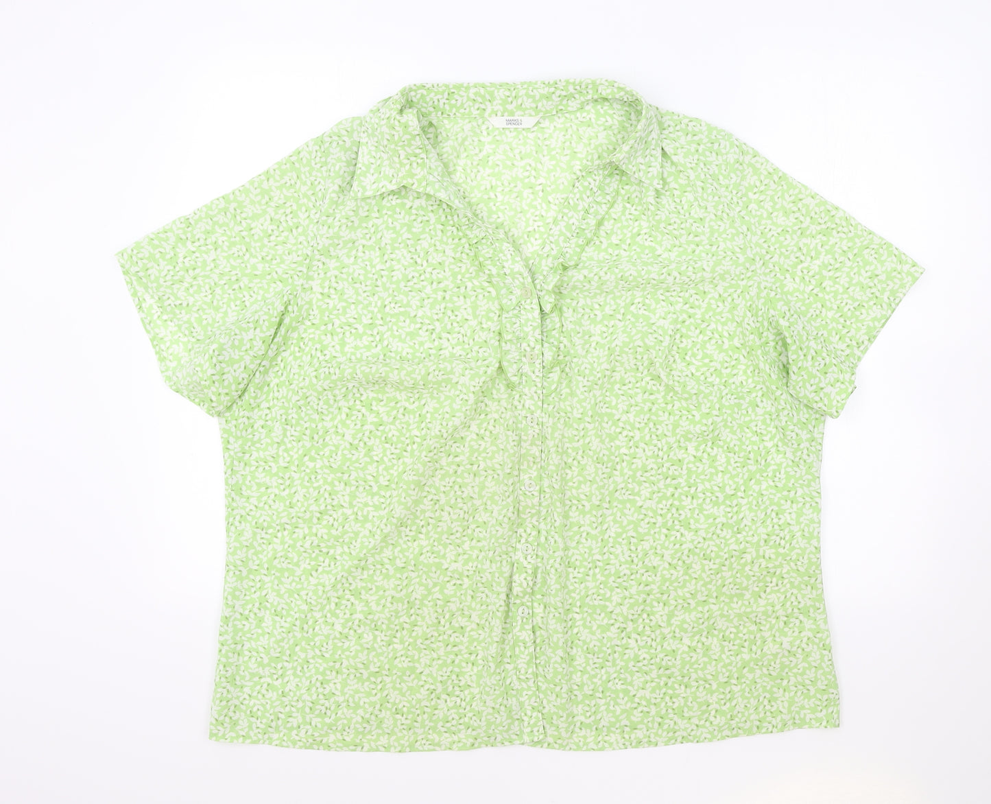 Marks and Spencer Womens Green Geometric Polyester Basic Button-Up Size 22 V-Neck