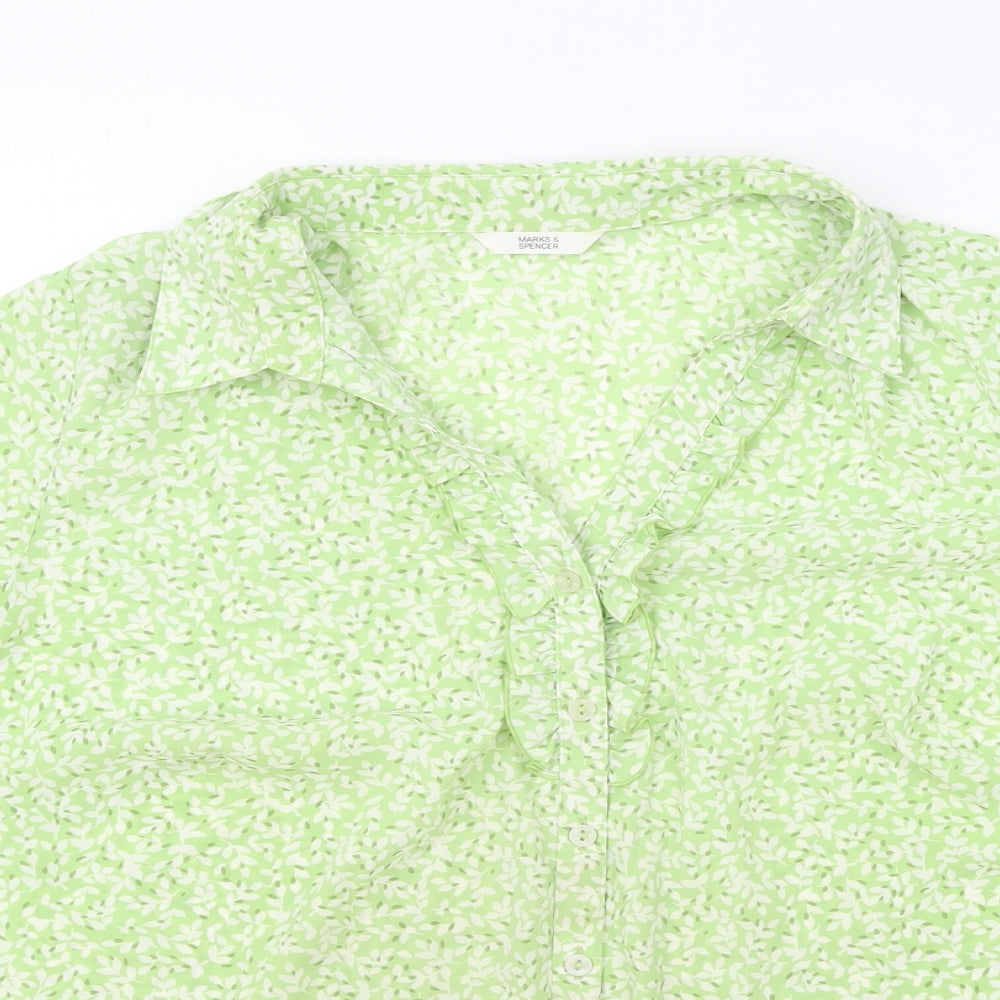 Marks and Spencer Womens Green Geometric Polyester Basic Button-Up Size 22 V-Neck