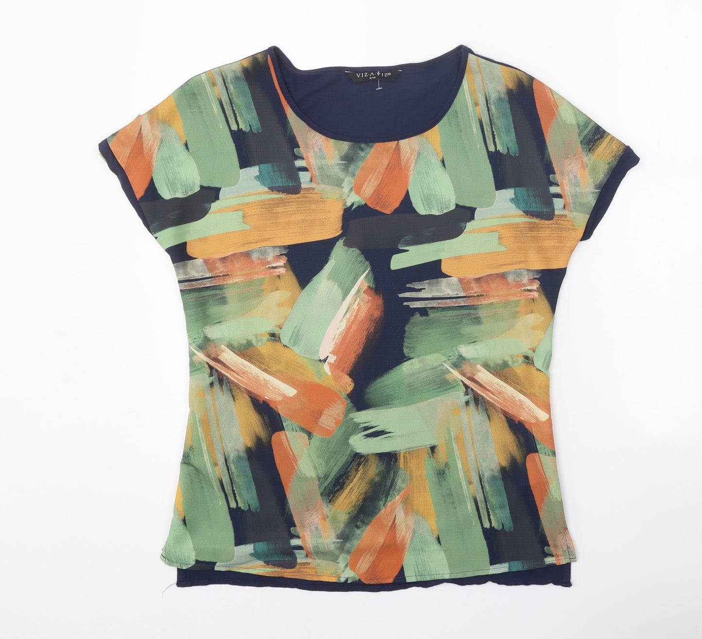 Viz-a-Viz Womens Multicoloured Geometric Polyester Basic T-Shirt Size 8 Scoop Neck