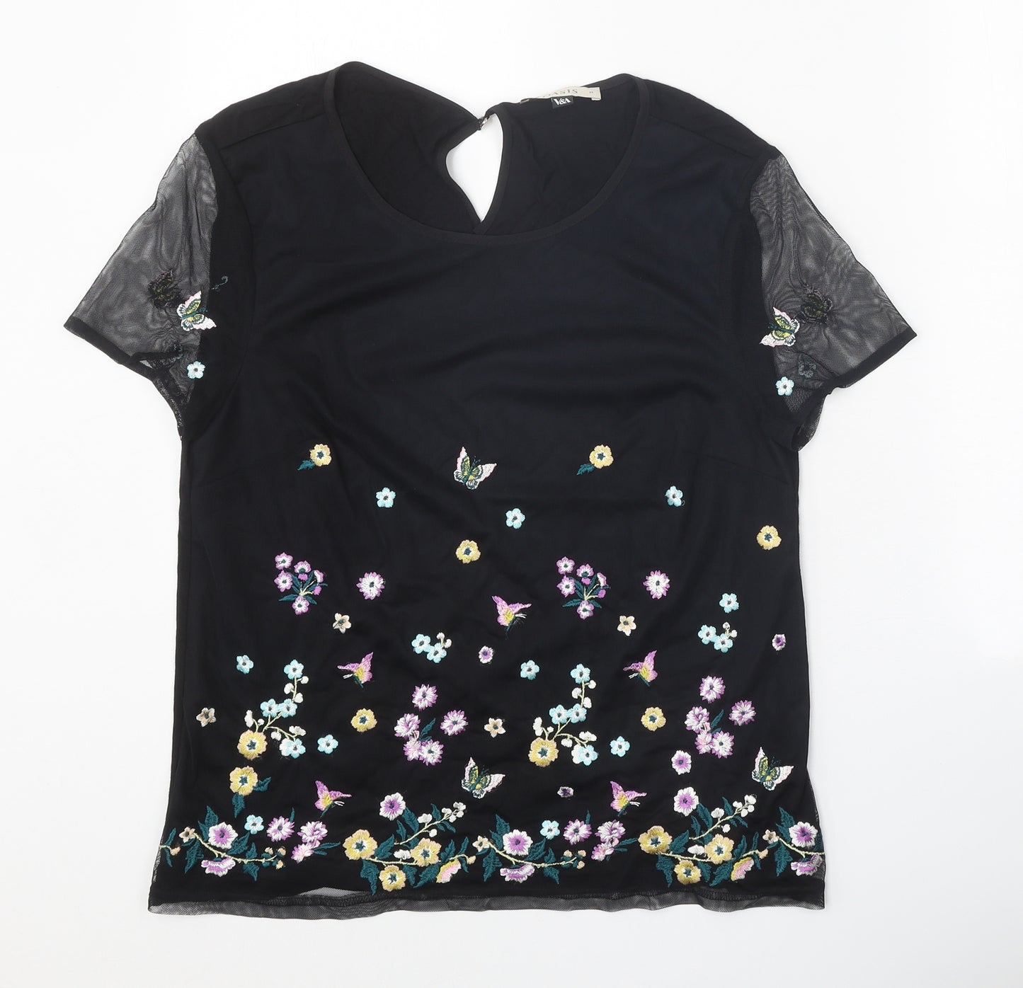 Oasis Womens Black Floral Polyester Basic Blouse Size M Scoop Neck