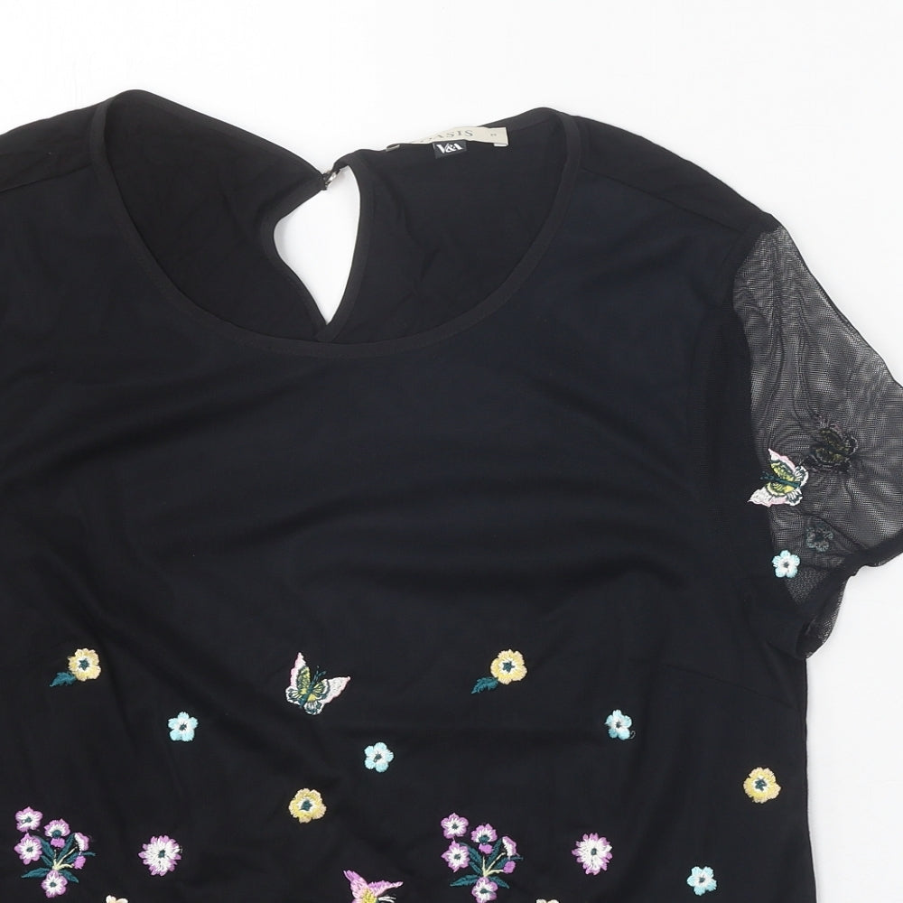 Oasis Womens Black Floral Polyester Basic Blouse Size M Scoop Neck