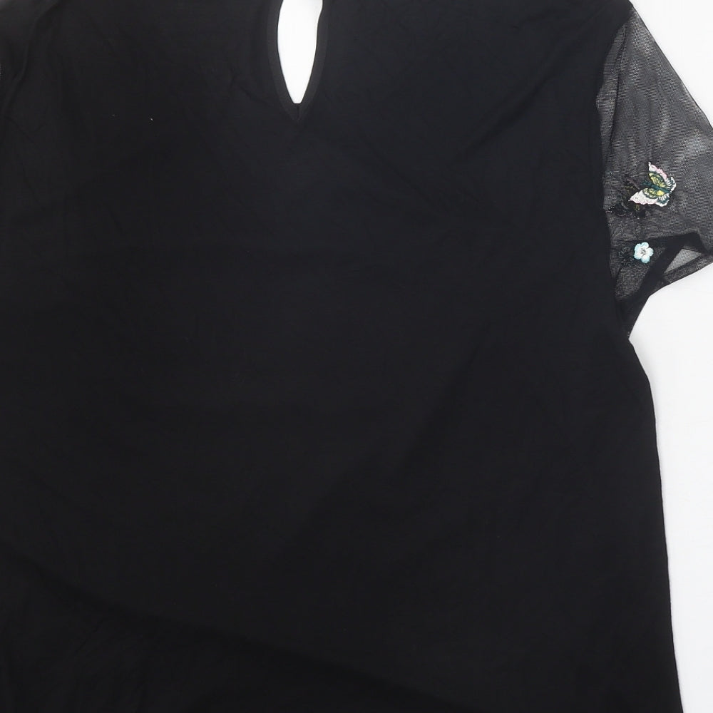 Oasis Womens Black Floral Polyester Basic Blouse Size M Scoop Neck