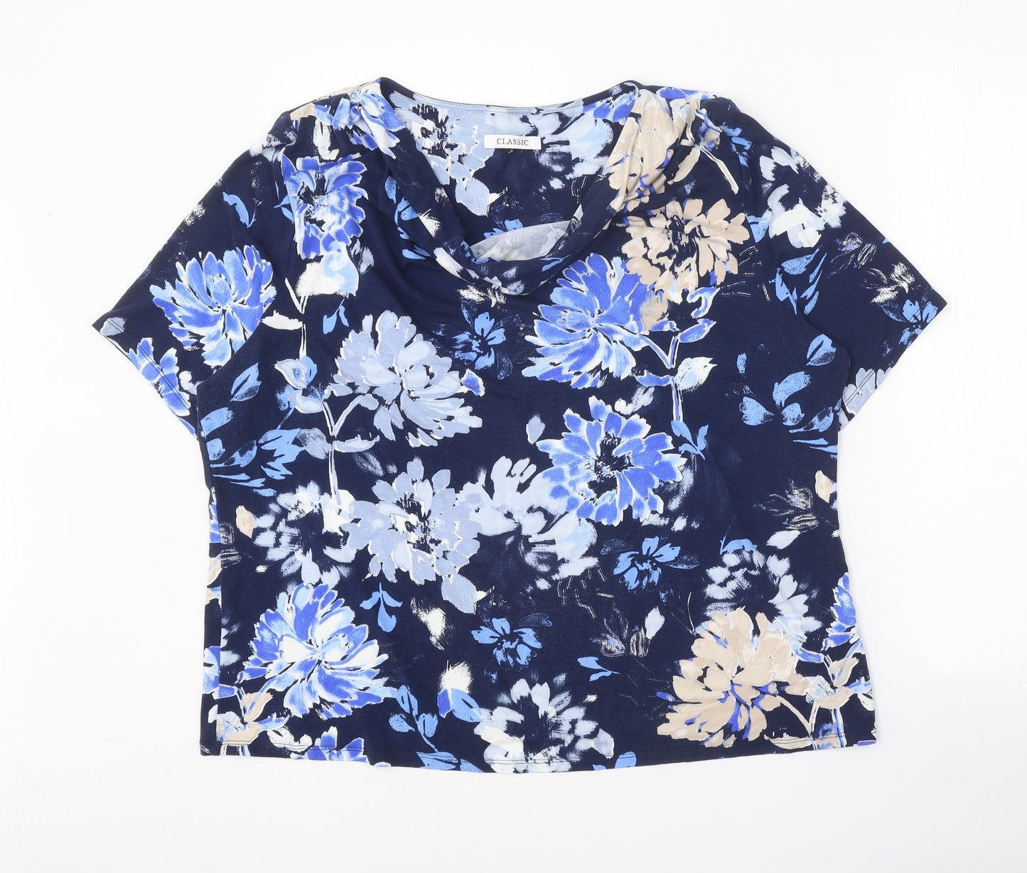 Classic Womens Blue Floral Viscose Basic T-Shirt Size 22 Cowl Neck