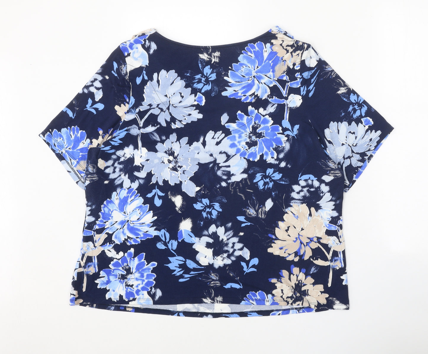 Classic Womens Blue Floral Viscose Basic T-Shirt Size 22 Cowl Neck