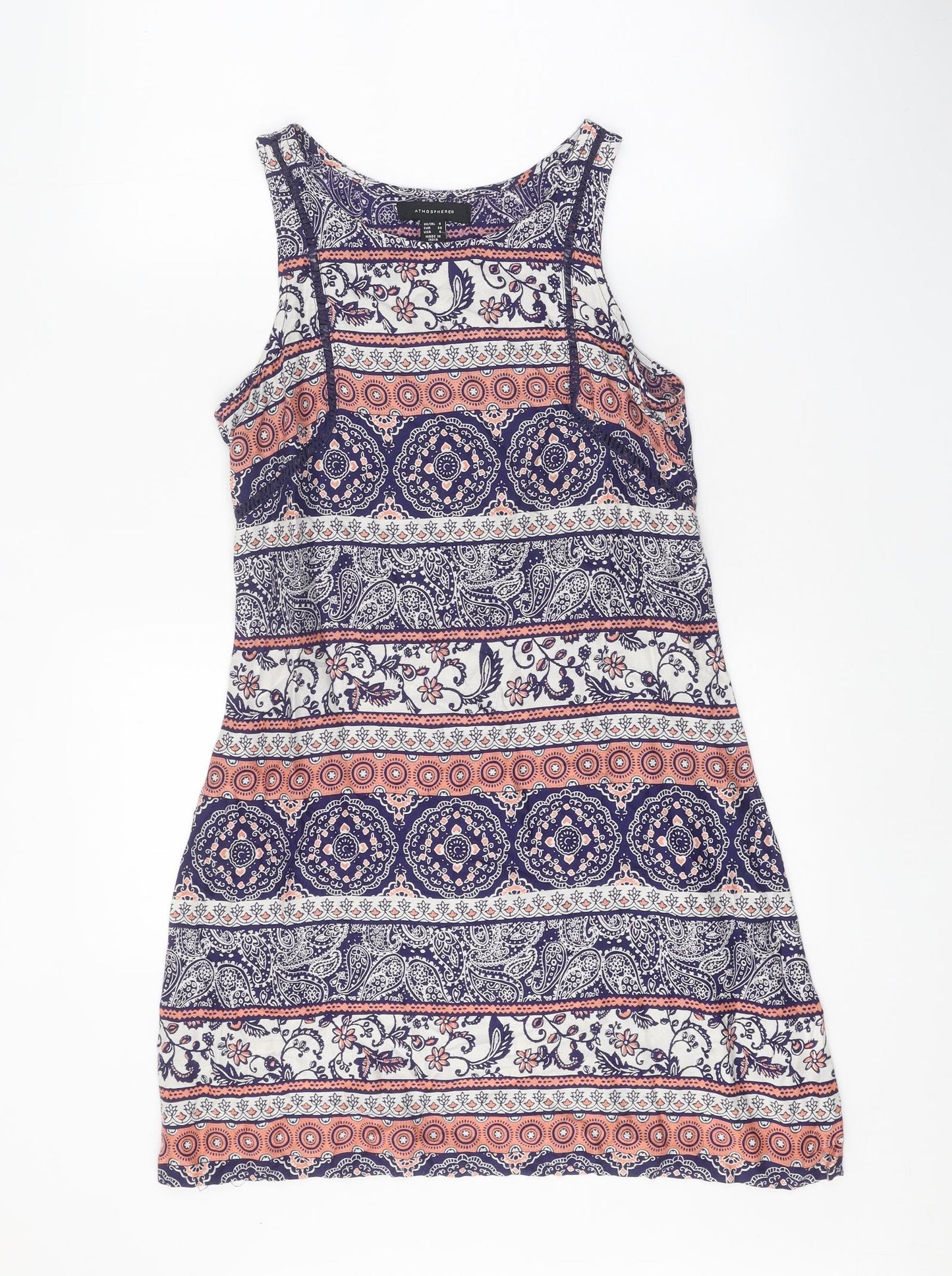 Atmosphere Womens Blue Geometric Viscose Tank Dress Size 8 Boat Neck Pullover