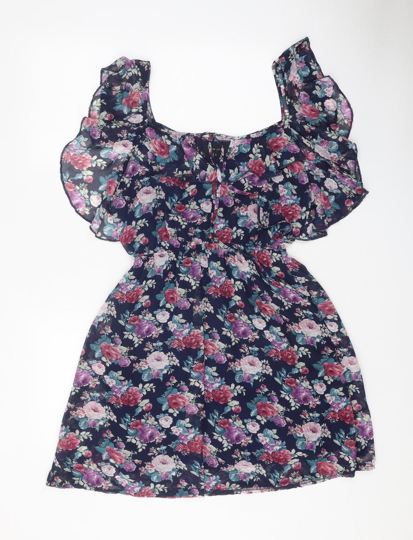 New Look Womens Blue Floral Polyester Mini Size 8 Scoop Neck Tie