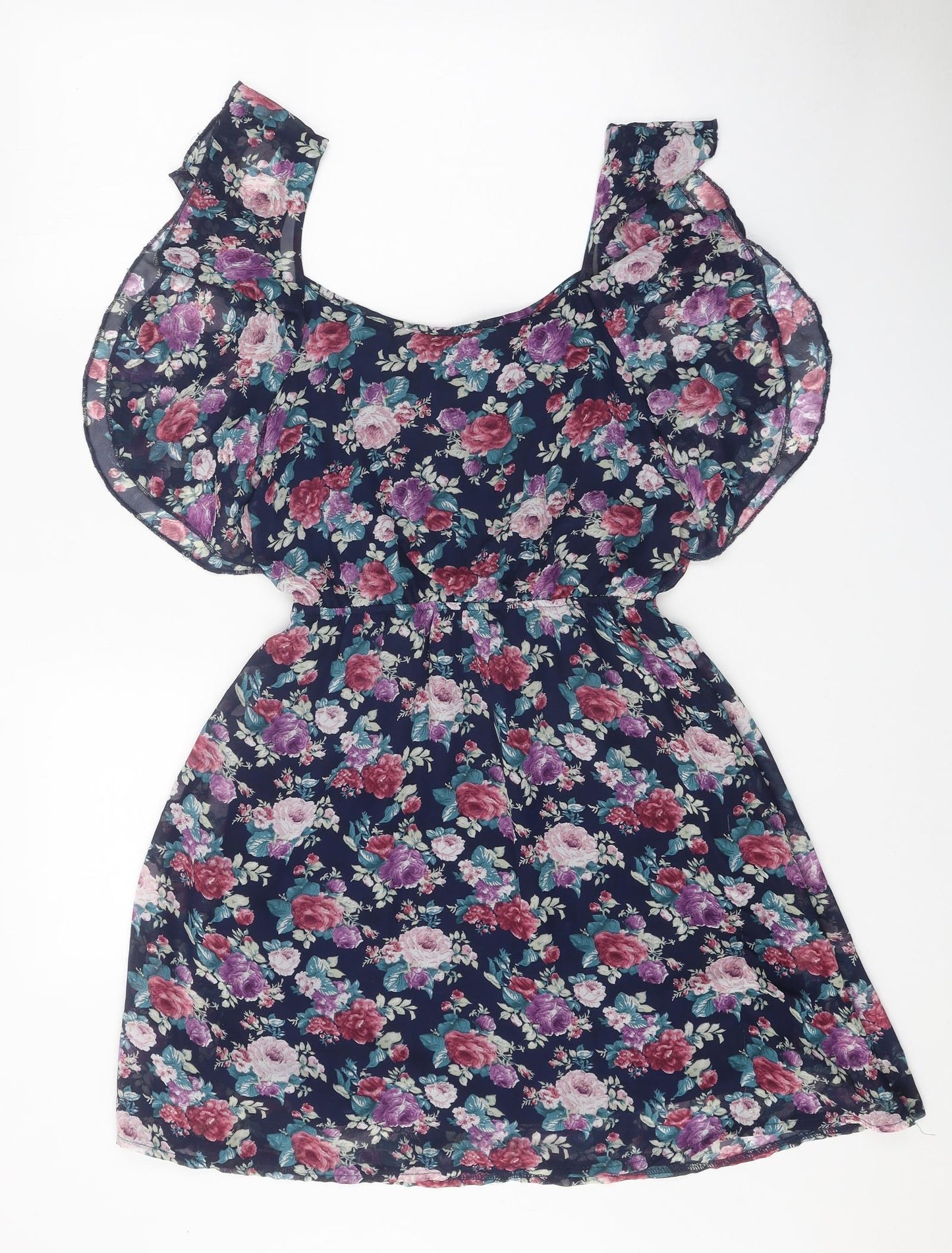 New Look Womens Blue Floral Polyester Mini Size 8 Scoop Neck Tie