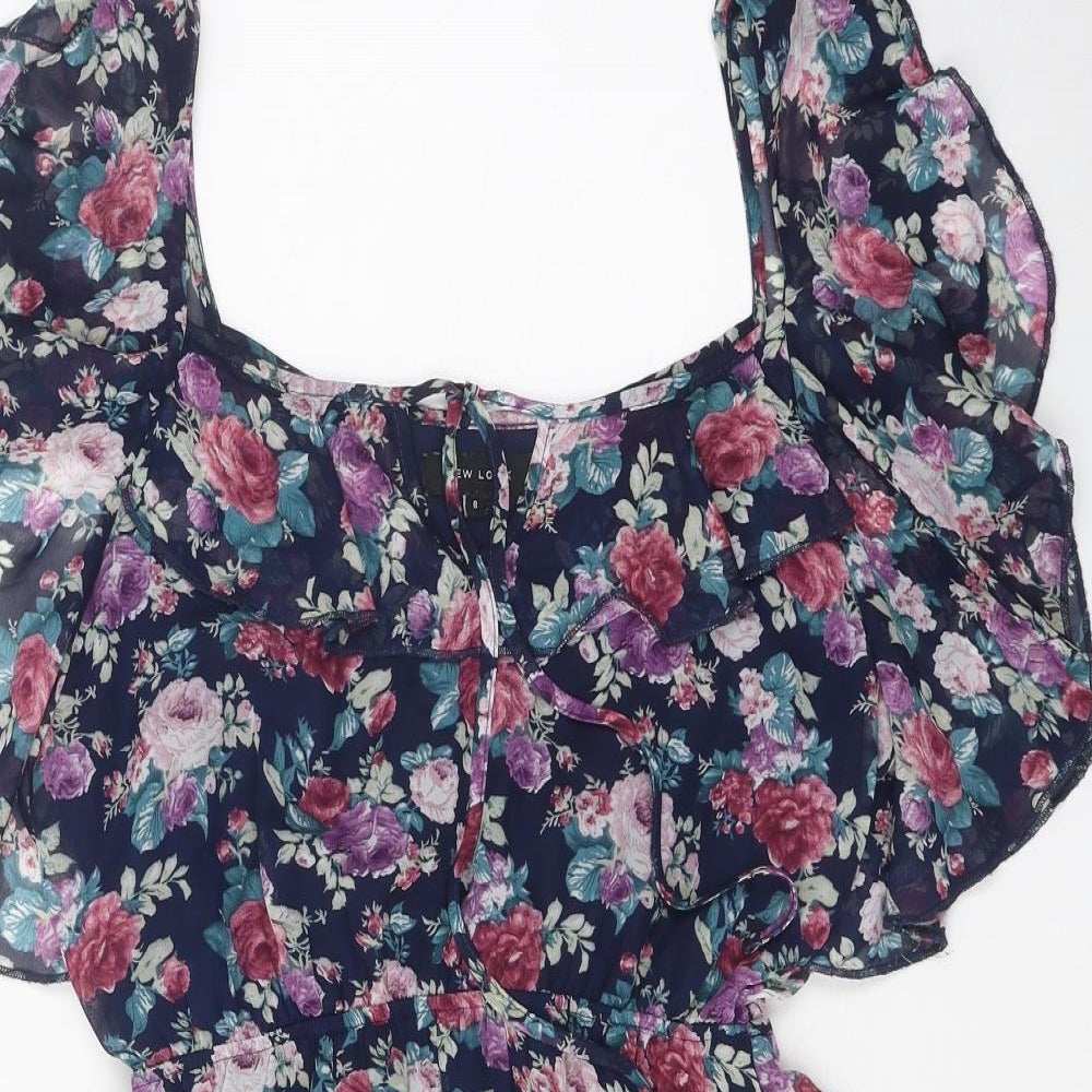 New Look Womens Blue Floral Polyester Mini Size 8 Scoop Neck Tie