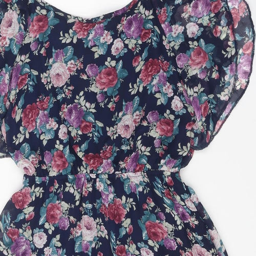 New Look Womens Blue Floral Polyester Mini Size 8 Scoop Neck Tie