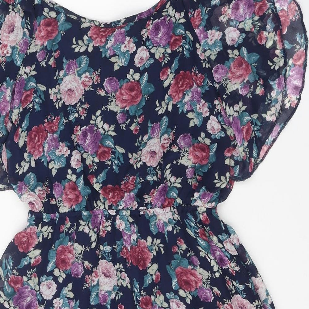 New Look Womens Blue Floral Polyester Mini Size 8 Scoop Neck Tie