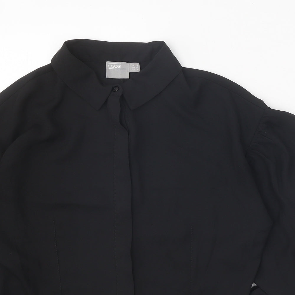ASOS Womens Black Polyester Basic Button-Up Size 8 Collared - Sleeve Tie Detail