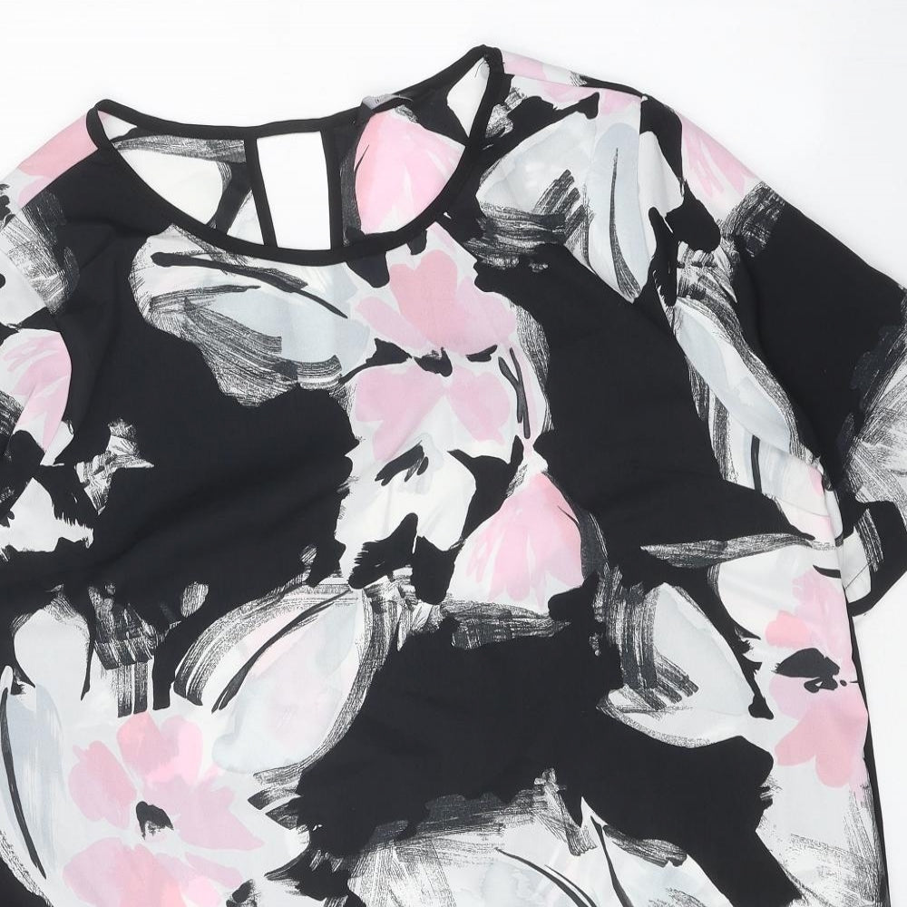 F&F Womens Black Floral Polyester Basic T-Shirt Size 18 Scoop Neck