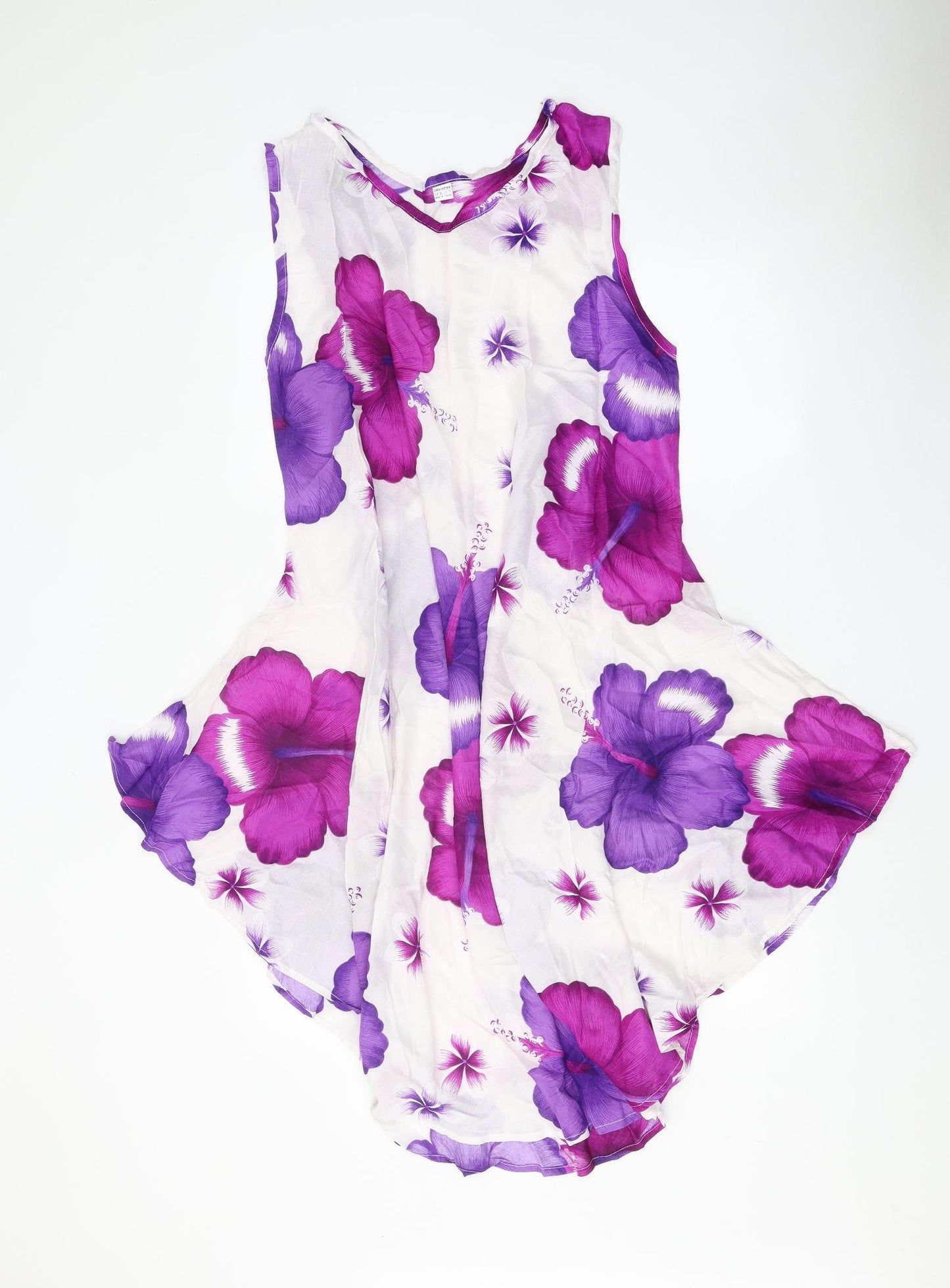 Preworn Womens White Floral 100% Cotton Tank Dress One Size Boat Neck Pullover